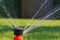 Close-up of automatic lawn sprinkler head while irrigation in a garden