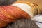 Close-up of autumn colored hanks of yarn