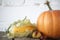 Close-up autumn pumpkin, acorn and corn on a wooden thanksgiving table, white brick backdrop, selective focus