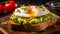 Close up of an Avacado Toast with Eggs on a Plate. Kitchen Backdrop