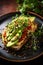 Close-up avocado toast garnished with microgreens and a touch of chili flakes