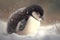 Close up of baby penguin standing in snow, created using generative ai technology
