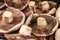 Close-up of baby portabella mushrooms displaysed with stems up - selective focus