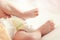 Close up of baby\'s bare feet.