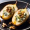 Close-up of baked pears, gourmet dish concept. Pear baked with blue cheese, honey and walnuts served on a dark plate on a dark