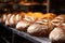 close-up of a bakers fresh loaves in a bakery