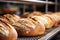 close-up of a bakers fresh loaves in a bakery