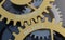 Close up balance with development text on gold cogwheel scene