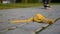 Close-up banana peel lies on sidewalk and near it pass female feet in city park