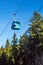 Close up Bansko cable car cabin, pine trees against vibrant blue sky, Bulgaria