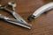 Close up of barber tool on wooden table