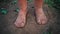 Close-up barefooted dirty feet of a child standing on a damp ground