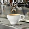 Close up of barista preparing coffee in machine on soft white defocused background