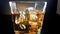 Close-up of barman pouring whiskey in the drinking glass with ice cubes on black background, time of relax drink with whisky