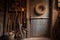 close-up of barn door and antique farm tools