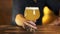 Close-up of a bartender moving a glass of fresh beer forward on the bar counter in a club. Selective focus