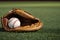 Close-up of a baseball in a catcher& x27;s glove on a sports field for play