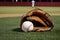 Close-up of a baseball in a catcher& x27;s glove on a sports field for play