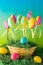 A close up of a basket of colourful Easter eggs decorated with sparkles sitting on grass.