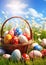 Close-up of a basket with many colored Easter Eggs put in the grass with a very sunny day