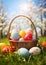 Close-up of a basket with many colored and painted Easter Eggs put in the grass with a very sunny day