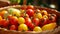 Close up of a basket with multi colored cherry tomatoes