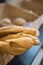 Close up of basket with rustic baguettes