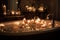 close-up of bathtub filled with warm water and bubbles, surrounded by candles for a peaceful and soothing atmosphere