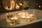 close-up of bathtub filled with warm water and bubbles, surrounded by candles for a peaceful and soothing atmosphere