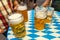 Close-up of bavarian beer glasses 1 liter Beer on table decoation at the Octoberfest