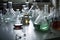 close-up of beakers and flasks on a science lab table