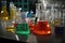 close-up of beakers and flasks on a science lab table