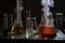 close-up of beakers, flasks and test tubes with steam rising from boiling liquids