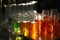 close-up of beakers and test tubes in a science lab