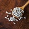 Close up bean seed spoon on wood