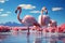 Close up of beautiful African flamingos that are standing in still water with reflection. Generative AI