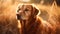 Close up beautiful blonde golden retriever dog explore walking and standing in the middle of the meadow, nature background