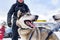 Close up beautiful Husky dogs used for sledding in snowy Russian city