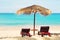 Close up of beautiful straw umbrella,isolated at sunny daytime on the empty paradise tropical beach,relax,no people holiday