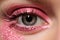 Close up of beautiful woman\\\'s eye with pink glitter makeup, Pink Glitter With Sparkle, AI Generated