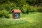 Close up of beautiful wooden bee house apiary in forest, isolated, collecting forest flower honey, cerknica, slovenia