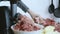 Close-up beef and pork meat and onion through electric meat mincer at home. Slow motion