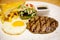 Close up beef steak with fried egg and salad. beef steak set.