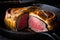 Close-up of beef Wellington cooking in a cast-iron skillet, with seared edges and tender beef on the inside