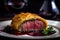 Close-up of Beef Wellington with Crispy Pastry and Moist, Flavorful Fillet, Served with Red Wine Reduction