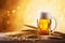 Close up of beer in a mug with foam and wheat ingredients on wooden table with blurred sparkling light background and copy space