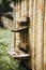 Close-up bees, beekeeping, bees in flight, wooden beehive and bees