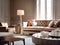 Close up of beige leather sofa and velvet armchairs against window in room with classic panel walls. Art deco style home interior