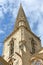 Close-up on the bell tower of Saint Vincent Cathedral with spires and gargoyles, located inside the walled city of Saint Malo