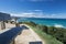 Close up on benches on coastal footpath cliff, relaxation concept, admiring scenic aerial view on atlantic coastline, bidart, fran